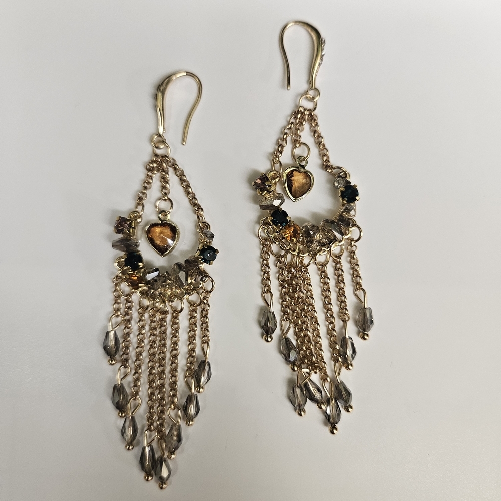 Chandelier Earrings With Earth Tone Crystal Accents And Gold Tone Chains